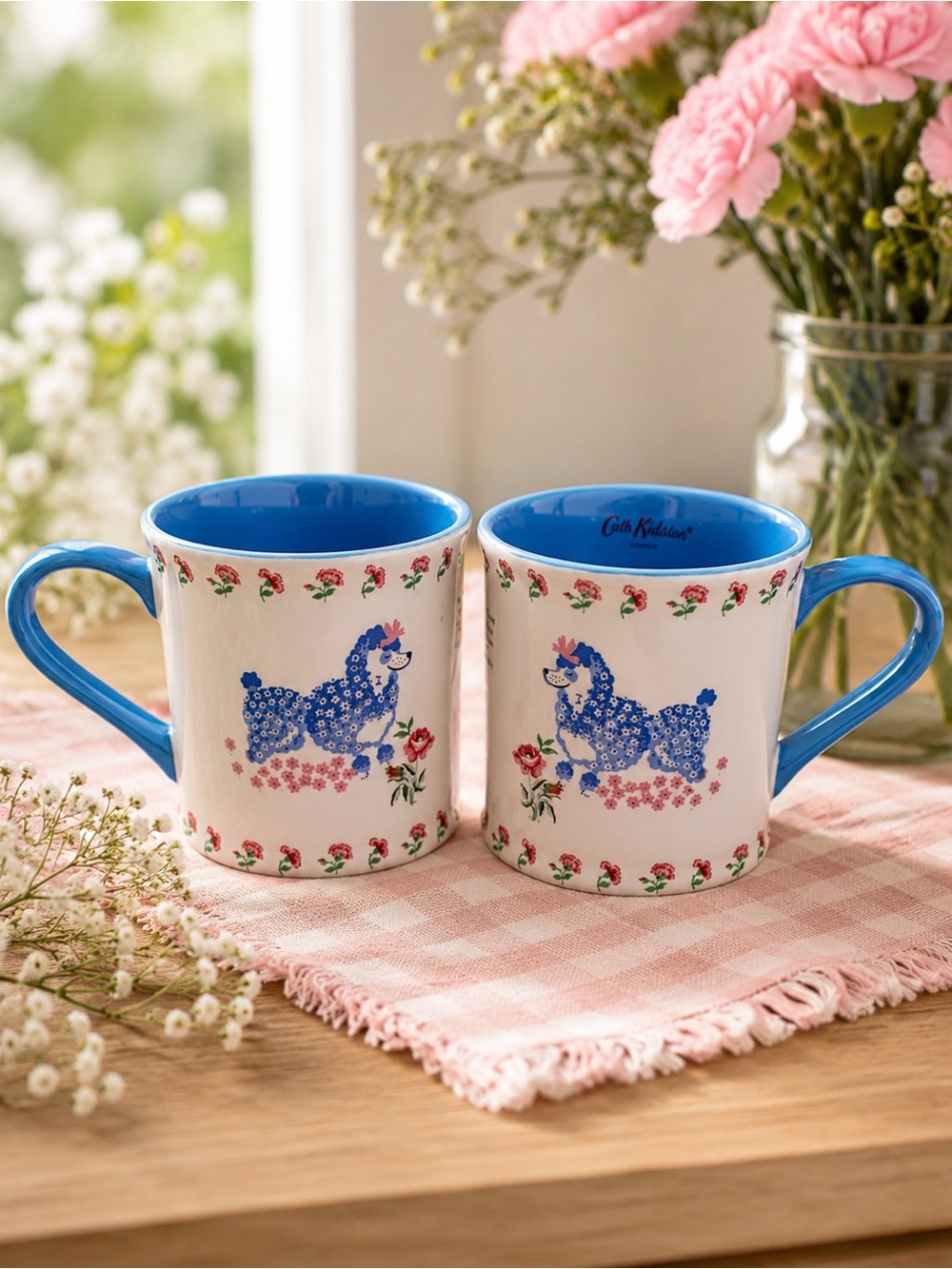 Cath Kidston London Set of 2 Poodle Mugs Blue Pink‎ Floral Cottagecore Cups
